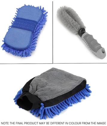 Mahek Accessories - Car Cleaning Combo Of Dual Sided Microfiber Gloves , Sponge And Rim Brush for car accessories( Pack Of 3 )