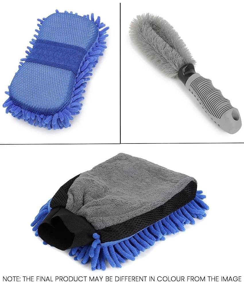 Mahek Accessories - Car Cleaning Combo Of Dual Sided Microfiber Gloves , Sponge And Rim Brush for car accessories( Pack Of 3 )
