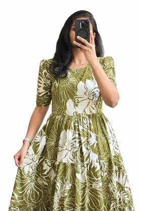 Rayon A-Line Midi Dress, Floral Print, Short Sleeves