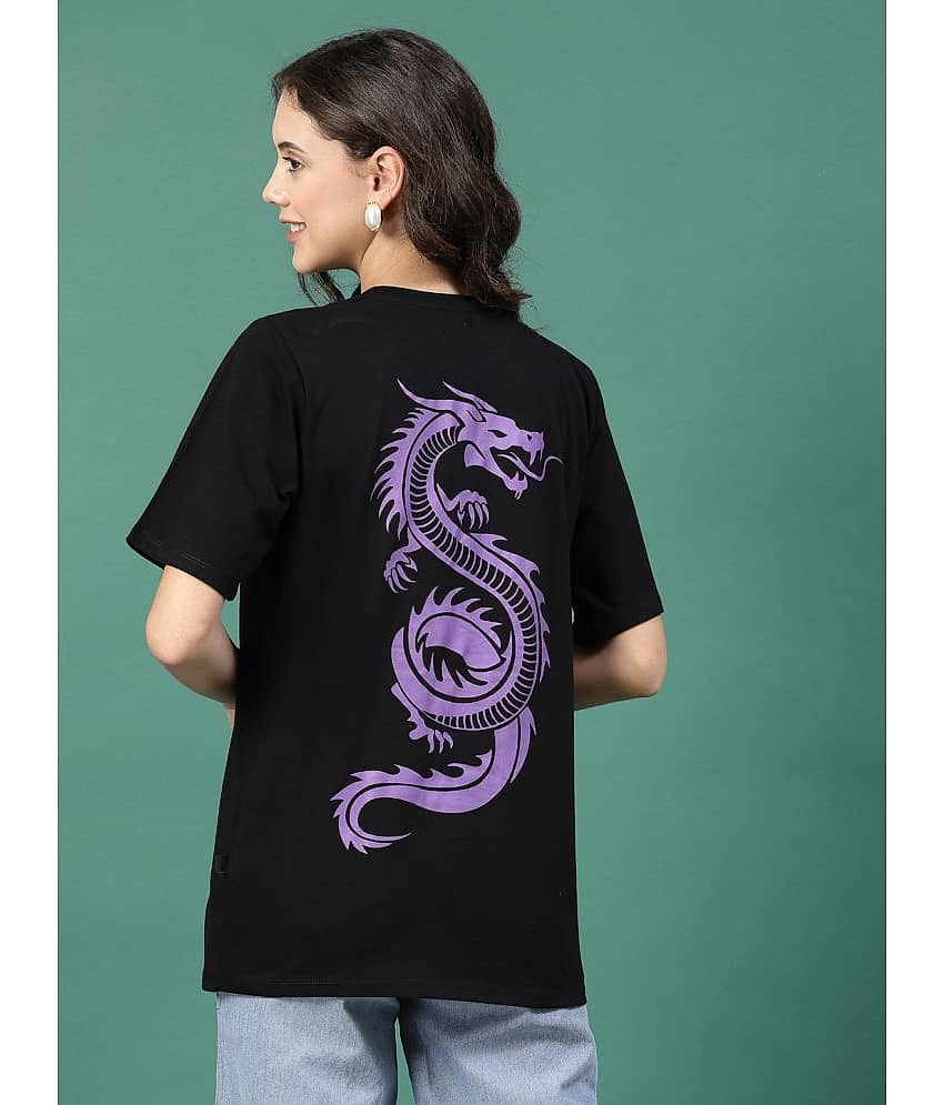 Rigo Women Cotton Printed Oversized Fit Round Neck T-Shirt ( Black )