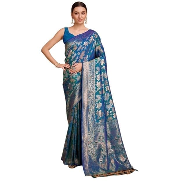 Women's Soft Silk Jacquard Saree With Unstitched Blouse 5.5Mtr (Blue)-PID65569