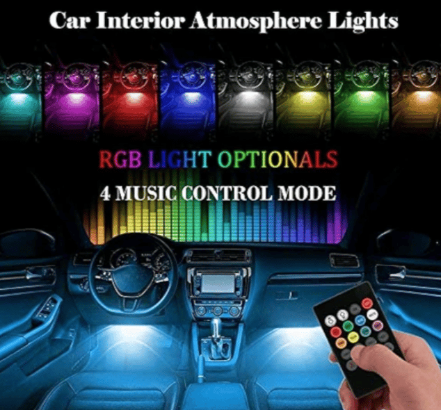 Atmosphere Lights with 12x4 LED Strip Light 48 LEDs, DC 12V Multicolour Interior Ambient Lighting Kit Featuring Sound Active Function, Wireless Remote Control Works for All car