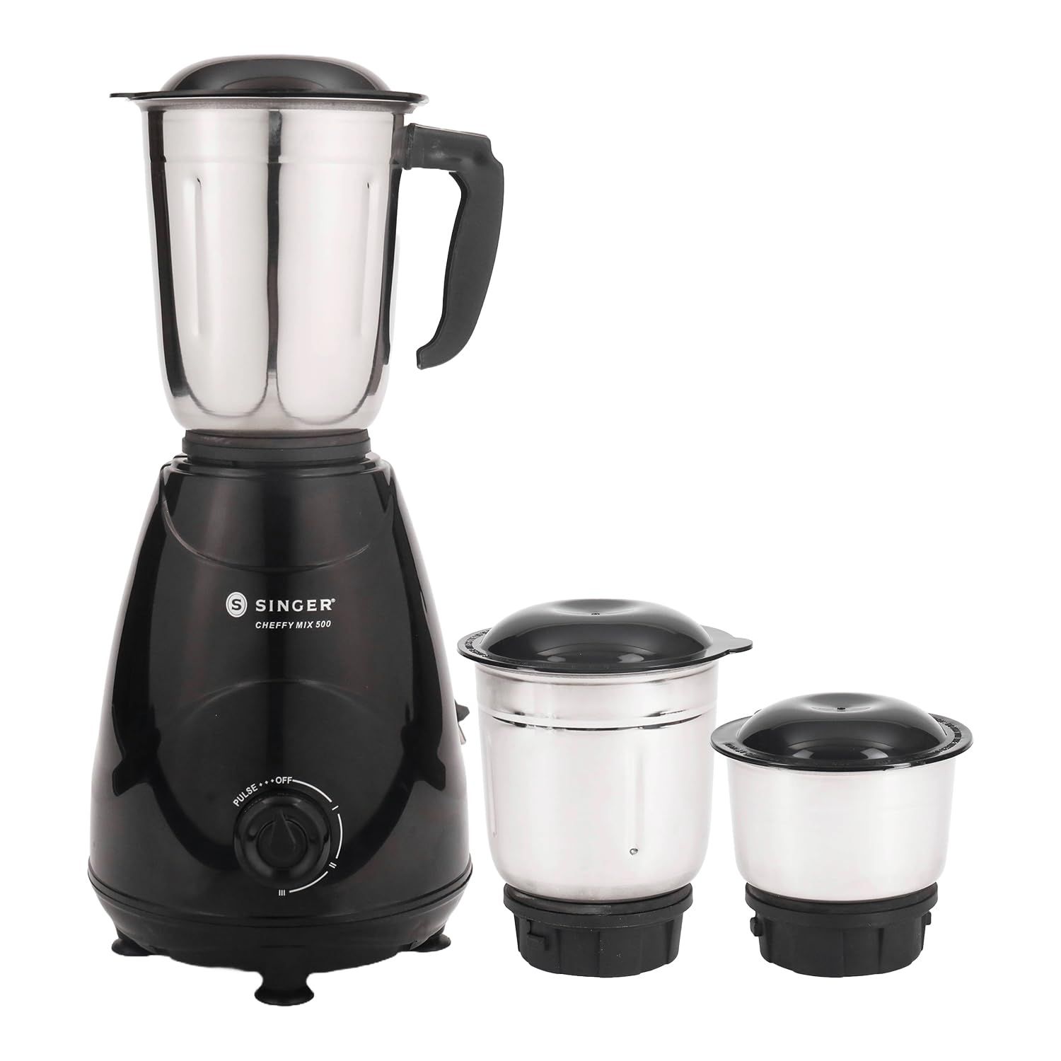 SINGER Cheffy Mix Mixer Grinder | Sleek Design | 3 Stainless Steel Jars (Liquidizing Jar 1000ml, Grinding Jar 800ml, Chutney Jar 300ml) | 3-Speed Control with Incher | 500W | 2-Years Warranty SINGER Cheffy Mix Mixer Grinder | Sleek Design | 3 Stainless S