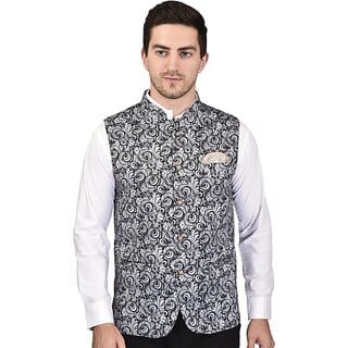 PrintCulture Men Printed Black Cotton Blend Nehru Jacket