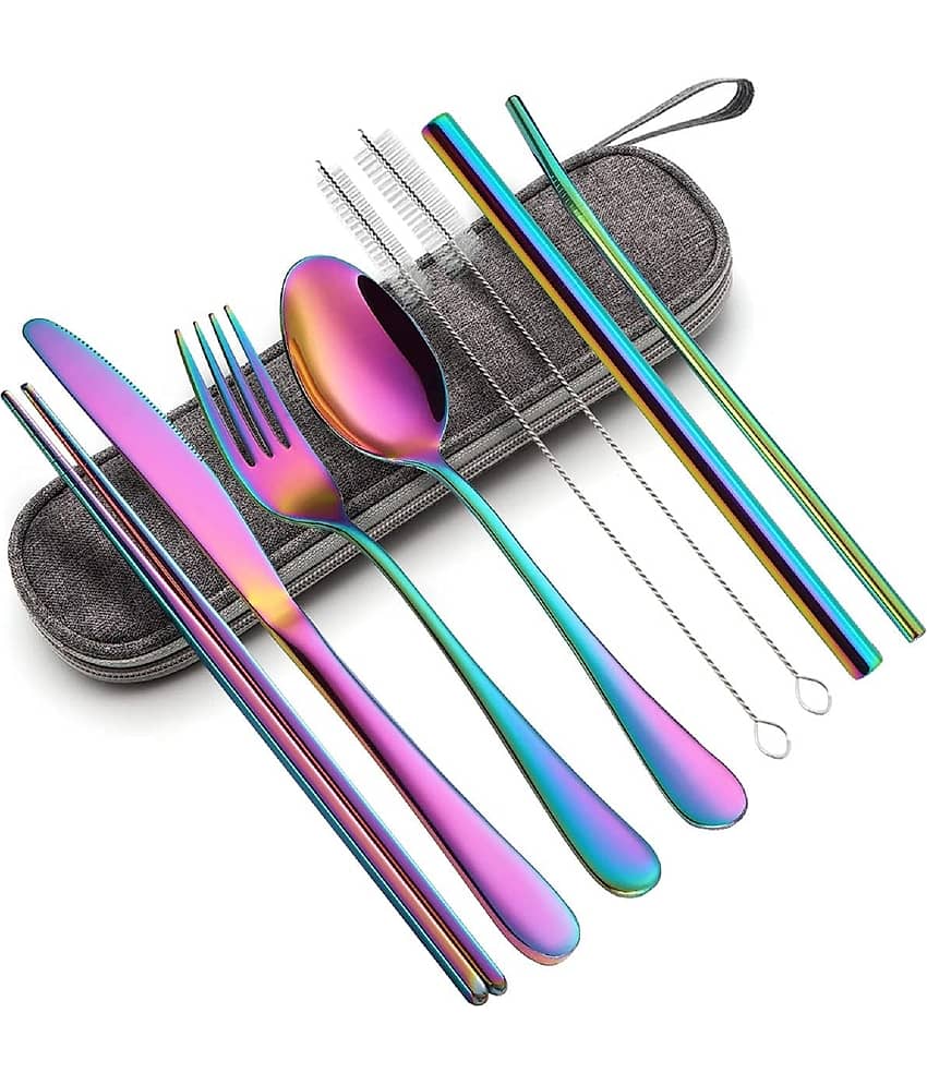Rainbow Portable Utensils Set,Reusable Travel Silverware Dinnerware Cutlery Set with Case Stainless Steel Flatware Set for Camping 8pcs Including Dinner Knife Fork Spoon Chopsticks Boba Straw