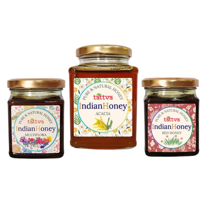 IndianHoney Rajasthan Acacia Honey, Rare & HighFlavonoid Red Honey, & Himalayan Multiflora Triple Combo Pack (500gm + 2x230gm) IndianHoney Rajasthan Acacia Honey, Rare & HighFlavonoid Red Honey, & Himalayan Multiflora Triple Combo Pack (500gm + 2x230gm)