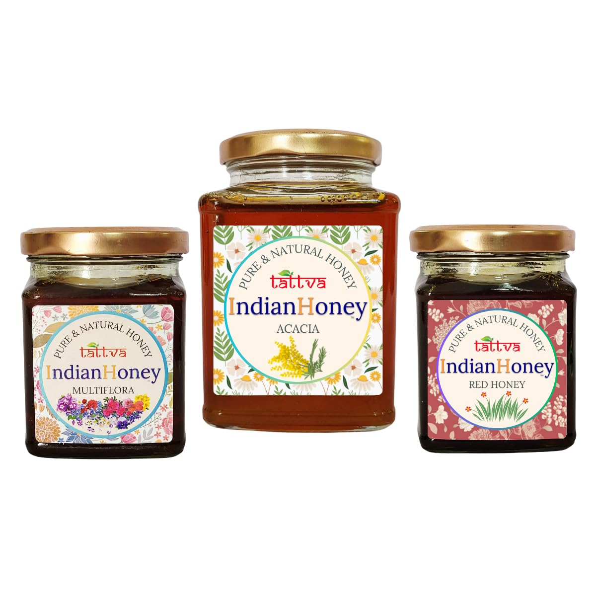 IndianHoney Rajasthan Acacia Honey, Rare & HighFlavonoid Red Honey, & Himalayan Multiflora Triple Combo Pack (500gm + 2x230gm)