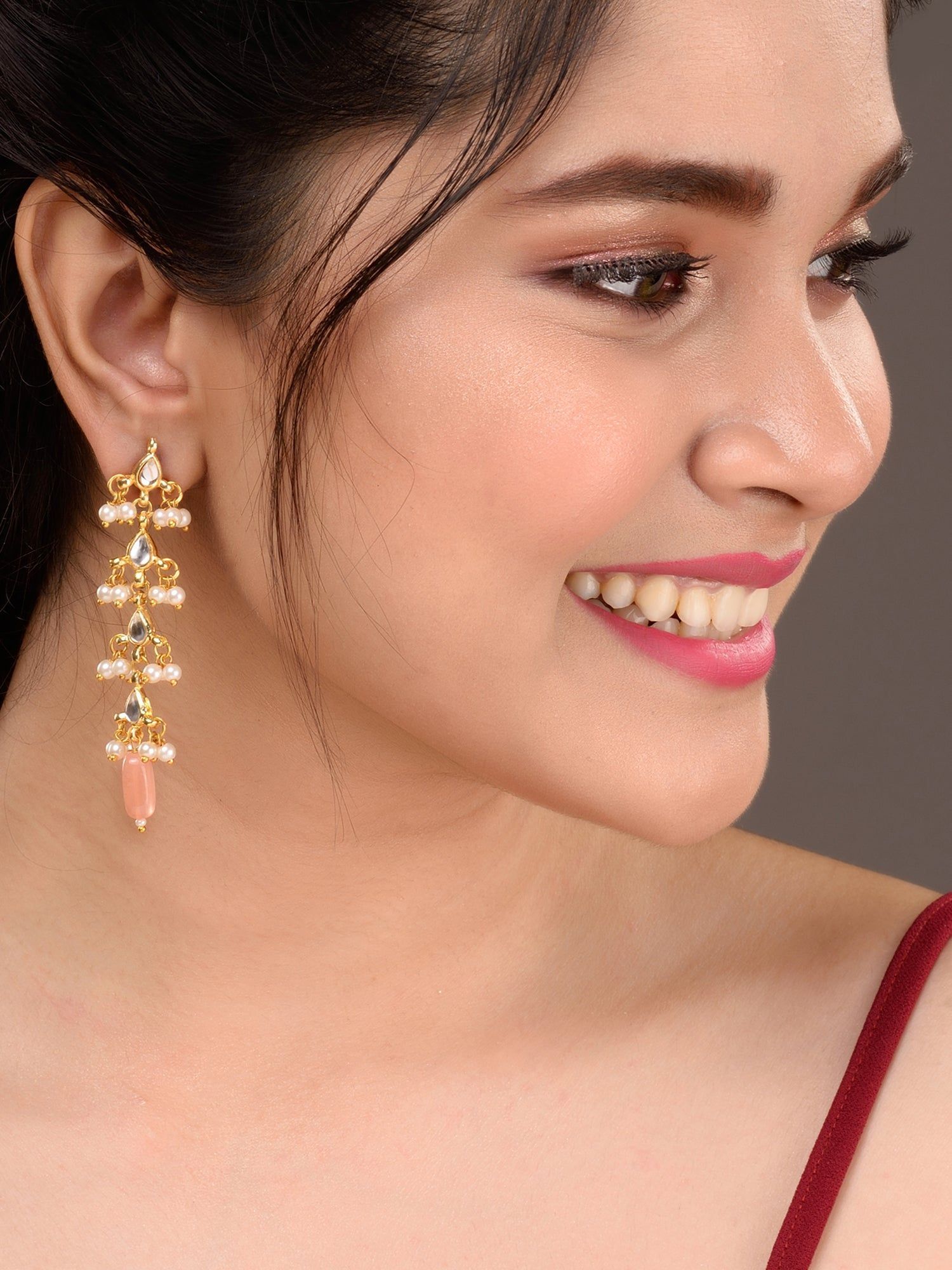Gold Plated Kundan Pearl Beaded Dropdown Earrings
