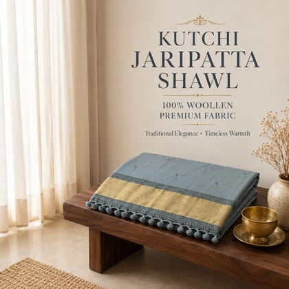 Grey-Blue Kutchi Jaripatta Woollen Shawl Grey-Blue Kutchi Jaripatta Woollen Shawl