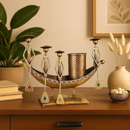 Metal Turkish Ship Boat Naav Showpiece (Gold Blue) – Decorative Sailing Boat Figurine for Home Decor | Tabletop