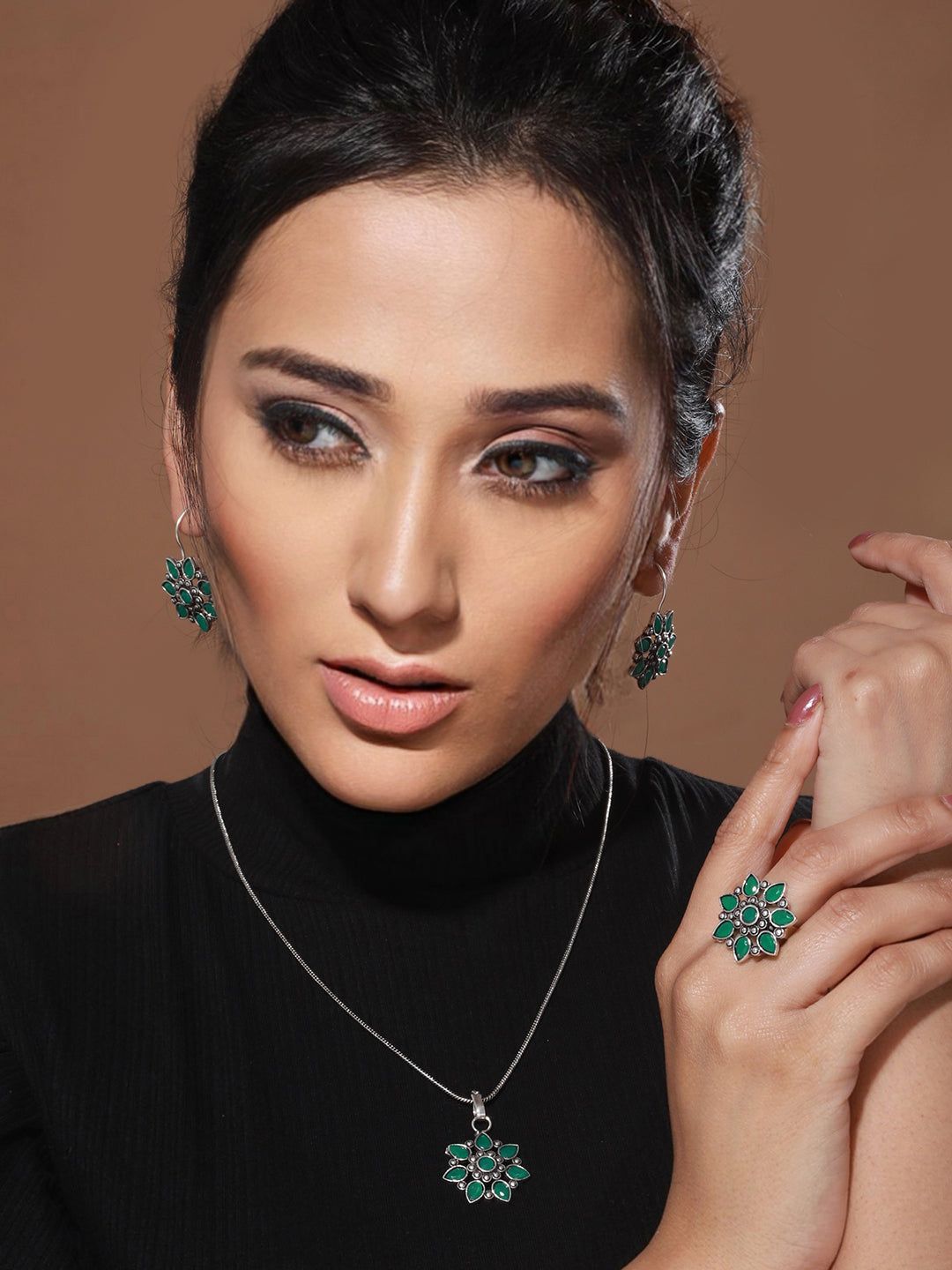 Silver oxidised Green Stone Studded Combo Locket Jewellery Set