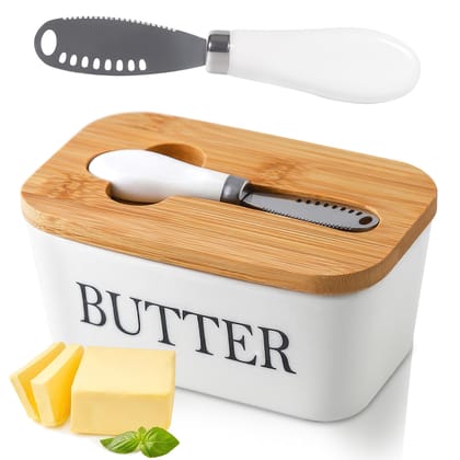 POWZOO Butter Dish with Wooden Lid, with Multifunctional Butter Knife, Butter Dish for 250 g Butter, Butter Bell, Porcelain Vintage, Butter Box for Household and Kitchen, Good Kitchen Gift (White)