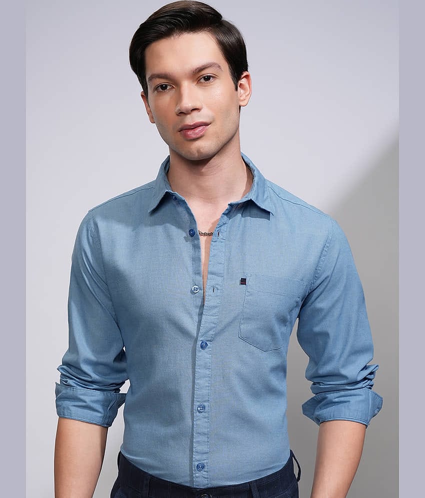 Highlander Cotton Blend Slim Fit Solids Full Sleeves Men's Casual Shirt - Blue ( Pack of 1 )