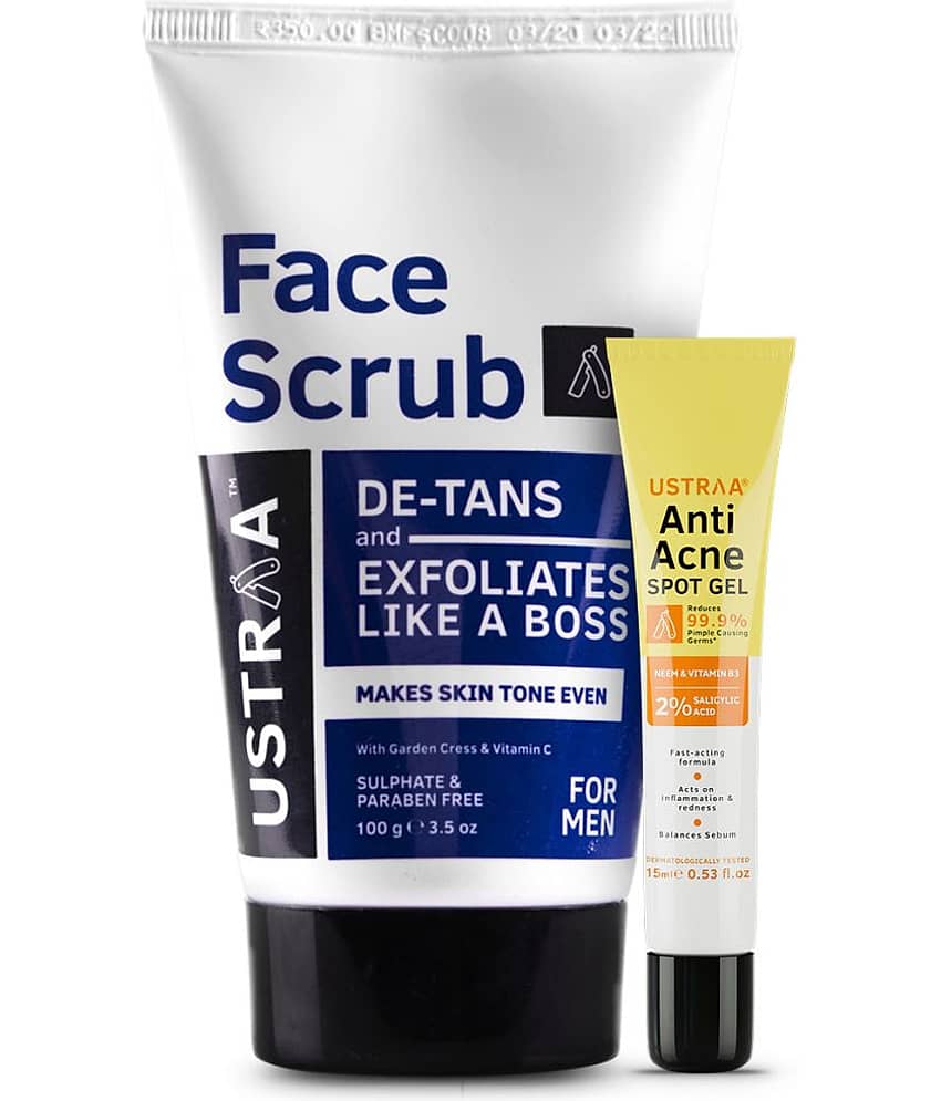 Ustraa Anti Acne Spot Gel - 15ml & Face Scrub for de-Tan - 100g