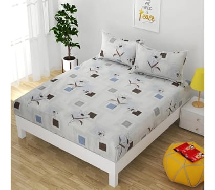Modern Floral Print Bedsheet Set, Grey and White Geometric Pattern with Blue Accents, Double Bed Size Modern Floral Print Bedsheet Set, Grey and White Geometric Pattern with Blue Accents, Double Bed Size