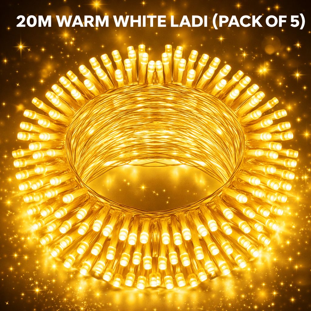 SPARKWORLD 20 Meter Yellow LED Ladi String Lights (Pack of 5) | Decorative Fairy Lights for Diwali, Wedding, Party, and Home Decor