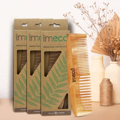Imeco Neem Wood Dual-Tooth Hair Comb Set (Pack of 3) | Natural Hair Care & Detangling | Daily Grooming