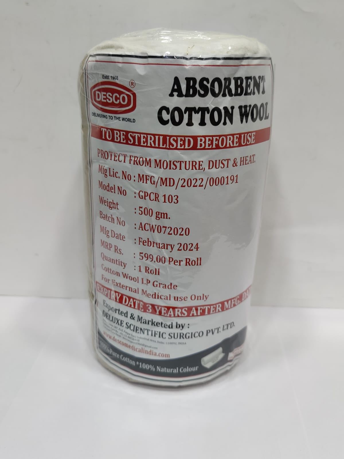 DESCO Absorbent Pure Cotton Wool Roll For Makeup Remover Surgical First Aid Saloon Beauty and Baby Care, Pure Cotton (500 Gram)