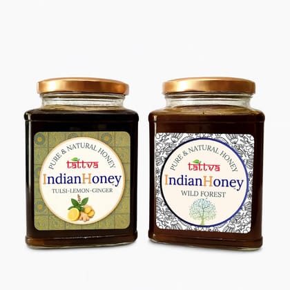 IndianHoneyWild Forest & Tulsi Lemon Ginger Honey Combo (Pack of 2) | Pure & Natural | 1kg (500g Each) | Unprocessed & Unfiltered Natural Sweetener