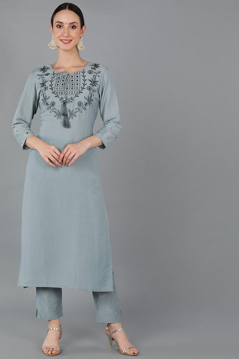 Blue Silk Blend Solid Yoke Design Straight Kurta VCK9008