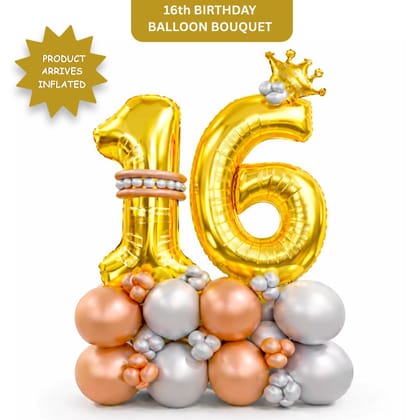 Signature Number 16 Large Golden Balloon Bouquet Arrangement with Small Crown & Silver, Rosegold Latex Balloons