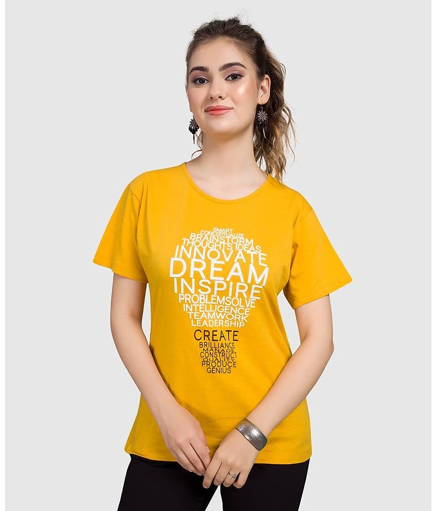Monisha Plus Women Cotton Printed Regular Fit Round Neck T-Shirt ( Mustard )