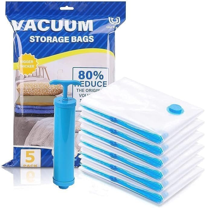 Vacuum Bags (5 Bag 1 Pump), for Clothes With Pump, Space Saver Vacuum for Travel, Airtight Reusable Compression Storage for Packing, Bedding, Pillows, Comforters, Blankets Storage