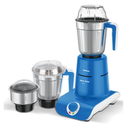 Havells Maxx Grind 750 watt Mixer Grinder with 3 Wider Mouth Stainless Steel Jar, Hands Free Operation, SS-304 Grade Blade, Overload Indicator & 5 Year Motor Warranty (Blue). Havells Maxx Grind 750 watt Mixer Grinder with 3 Wider Mouth Stainless Steel Ja