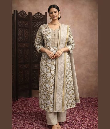 Aarika Women Cotton Printed Straight Kurti With Pants ( Beige )