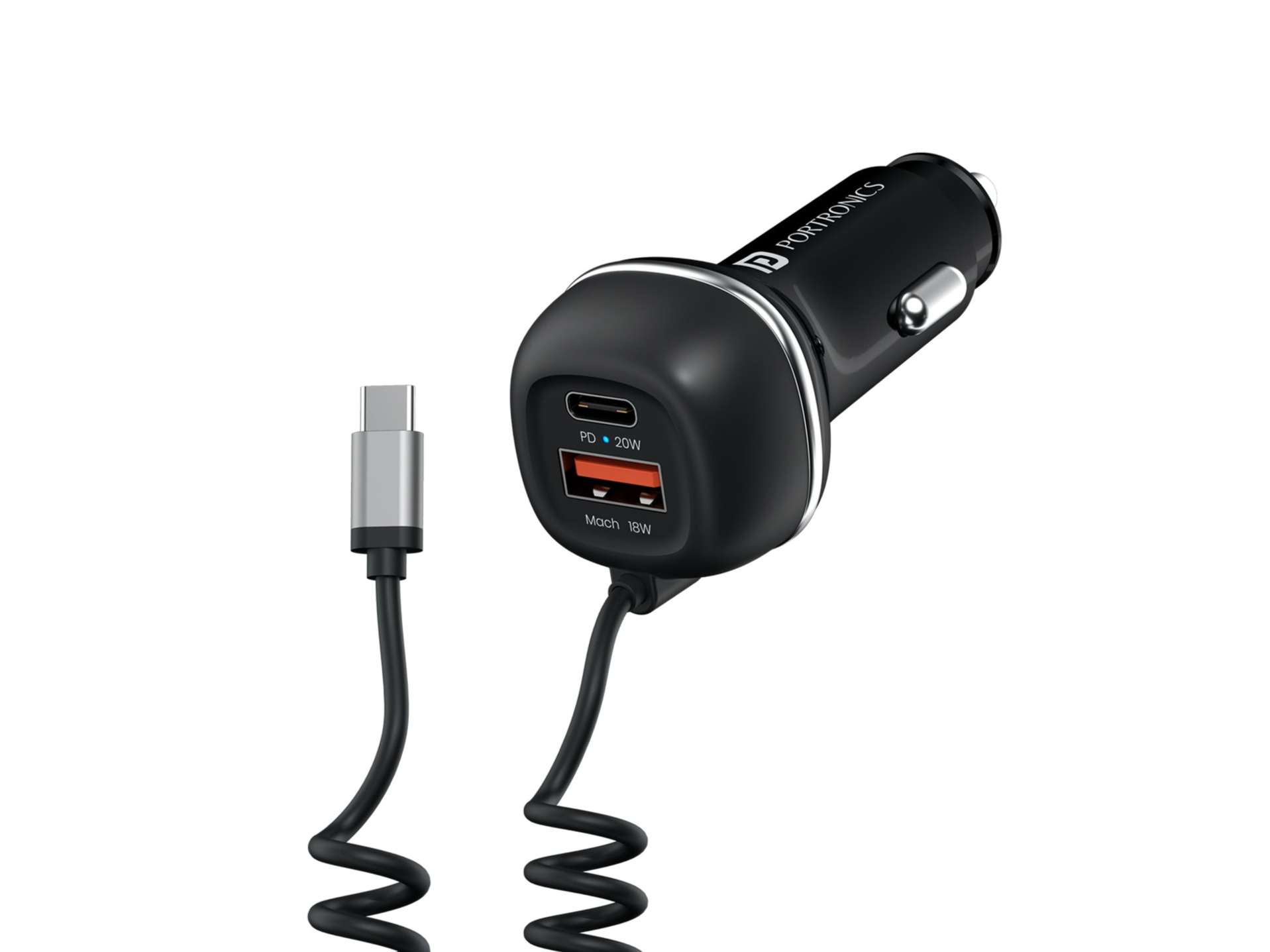 Portronics Car Power 1C Triple Output Fast Car Charger 71W with 33W Type-C Cable, 20W Type-C PD, 18W USB Port, iPhone & Android Smartphone Compatible