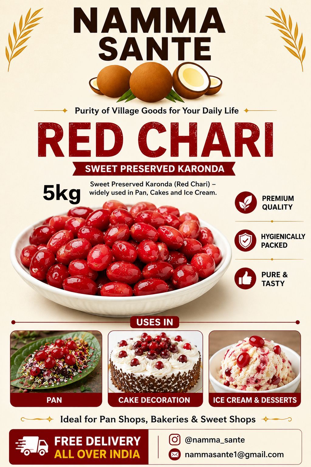 Red Chari, Preserved Karonda, Sweet Karonda, Cherry Chari, Candied Karonda 5kg