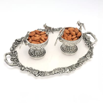 German Silver Set or 2 Parrot Bowls Set and Decorative TraySilver