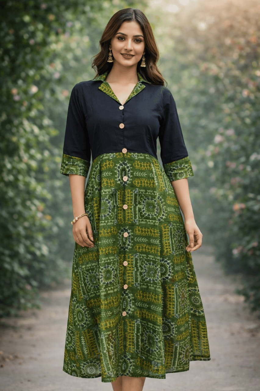 Bivabari Handloom Sambalpuri Cotton Long Dress | Olive Green And Black | L | Button-Down Front, Lined | Ethnic Casual