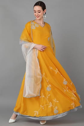 Mustard Silk Blend Flared Kurta With Dupatta VCK8838