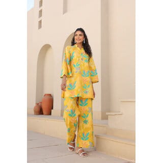 Elara Women's Floral Co-ord Set - Stylish Yellow Top Bottom