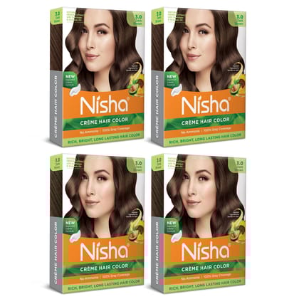 Nisha Creme Hair Color Dark Brown 40gm Pack of 4, Permanent Hair Color for Women Men, No Ammonia, 100% Grey Coverage