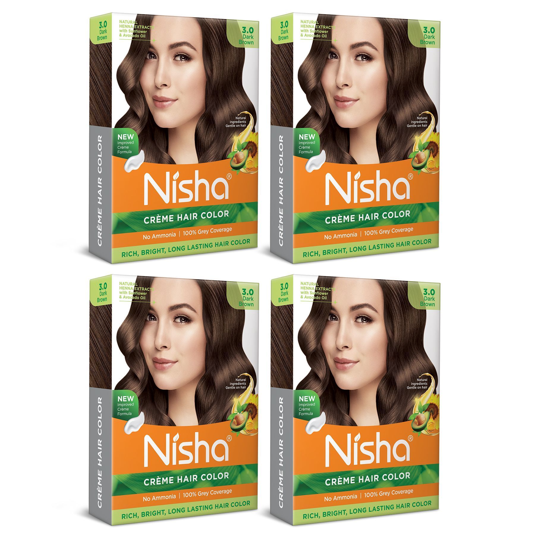 Nisha Creme Hair Color Dark Brown 40gm Pack of 4, Permanent Hair Color for Women Men, No Ammonia, 100% Grey Coverage