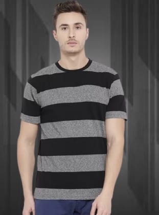 Men's Premium Poly Cotton Black and Grey Striped Half Sleeve T-Shirt, Stylish Casual Wear Round Neck Tee Color - Grey, Size - L