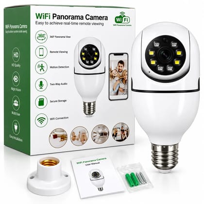 WiFi Bulb Camera 1080P HD,  Panorama Security Camera with Night Vision, Motion Detection, Two-Way Audio, 2.4GHz WiFi, E27 Socket, TF Card Support up to 128GB, Android & iOS