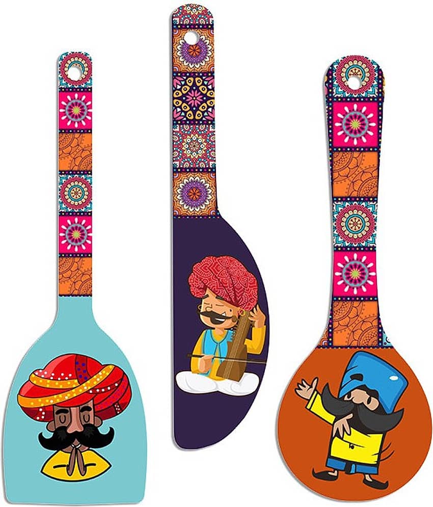 SAF Set of 3 Rajasthani Cartoon Spoon Wall Hangings – Colorful MDF Wooden Panels with Traditional Folk Characters for Kitchen Living Room Home Décor