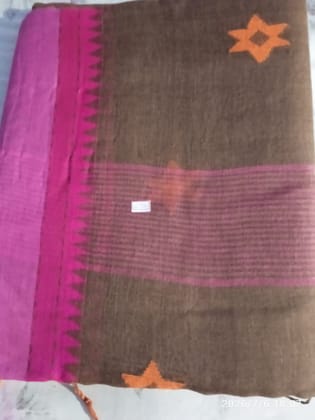 Brown and Magenta Ethnic Motif Cotton Saree | Contrast Border | Ethnic Casual