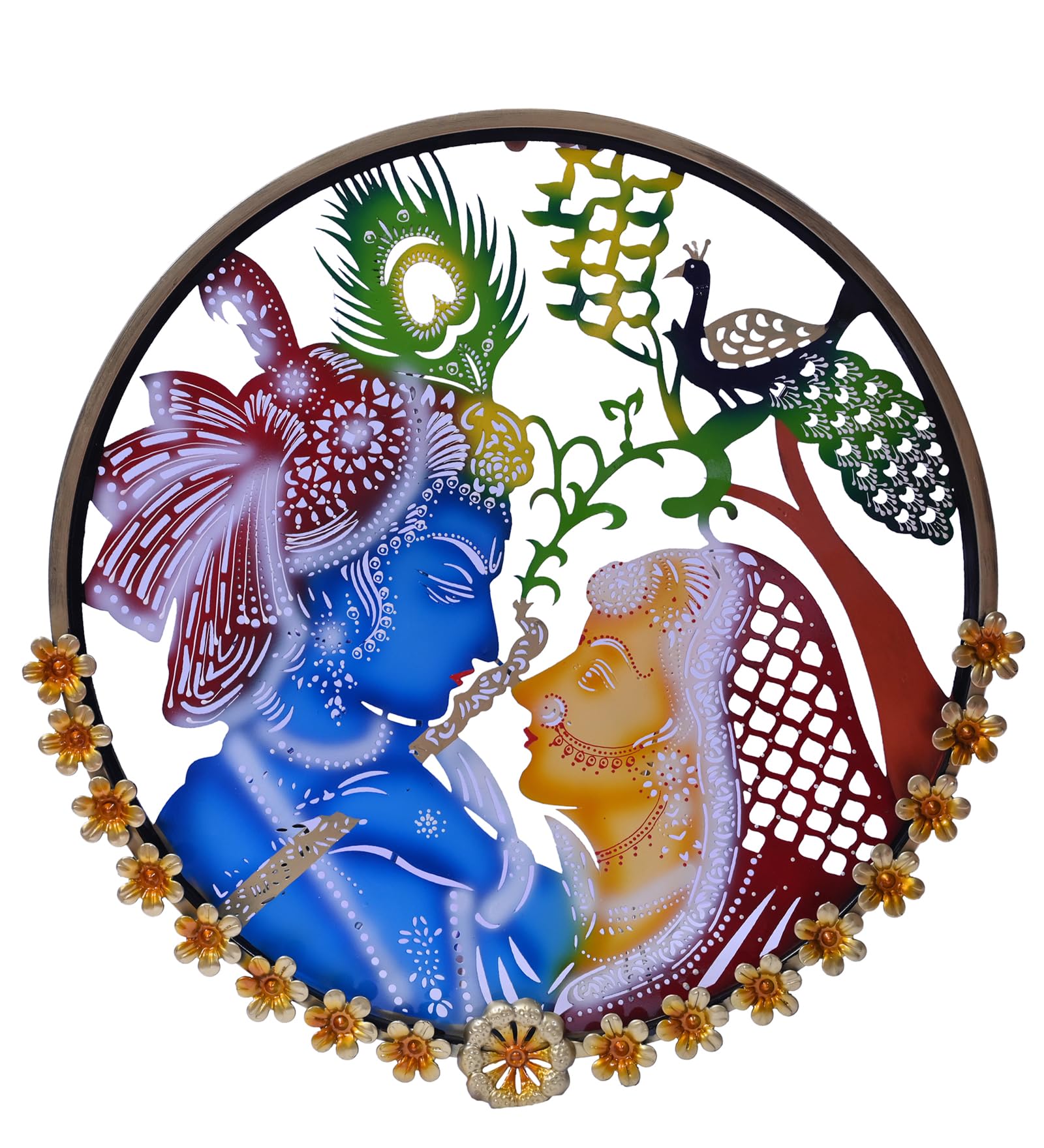 PREET GALLERY Round Krishna and Radha Metal Wall Art with Peacock LED Lighting, Metal Floral Wall Hanging Perfect for Restaurant, office, caf? & gift 64X64x5 cm