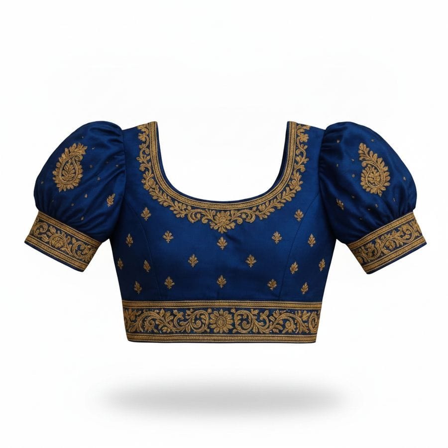 Blue Embroidered Puff Sleeve Readymade Blouse