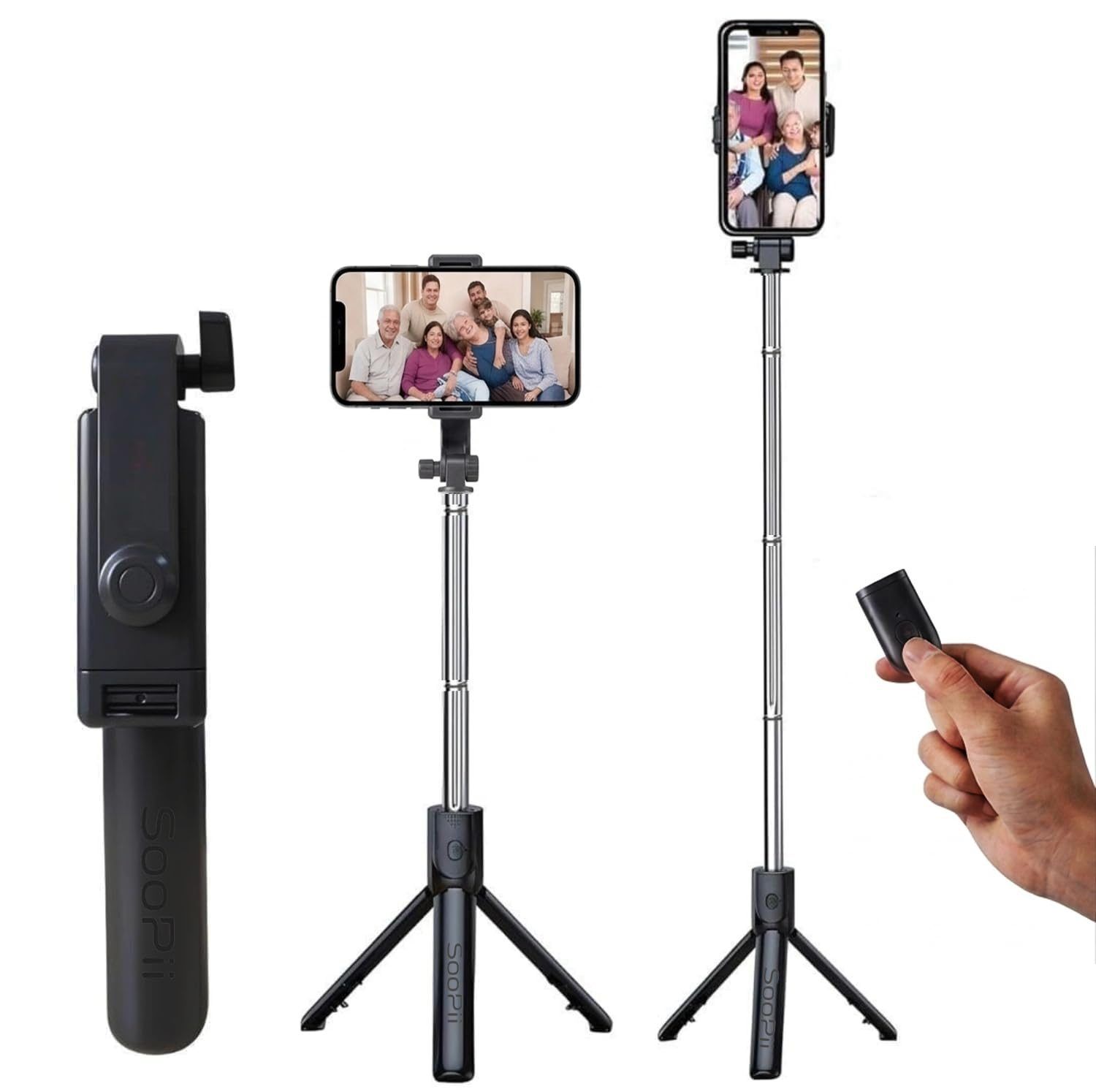 SOOPII 3 in 1 Selfie Stick with Bluetooth Remote, Foldable Tripod Stand, Compact & Extendable Upto 70 cm, Mobile Stand Holder for iPhone & Android R1