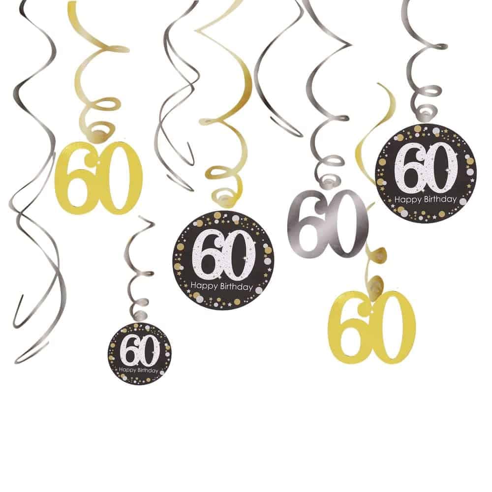 Happy 60th Birthday Swirl Cutouts for Hanging Decor - 12PC