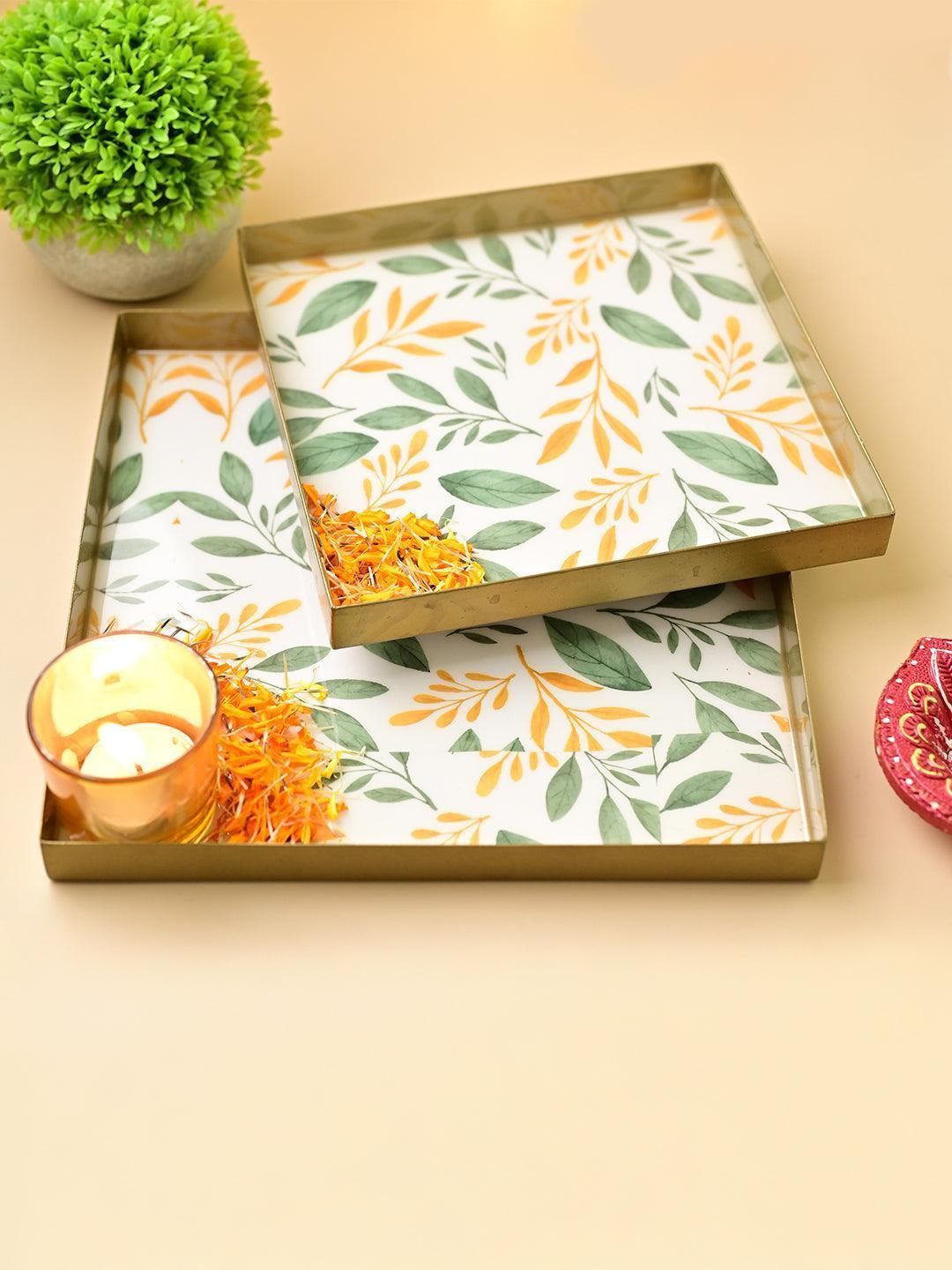 VON CASA Golden Square Shape Floral Tray set of 2