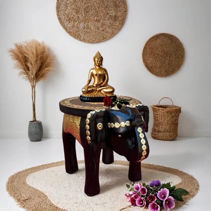 PREET SPICE Handcrafted Wooden Black Elephant Stool Table with Brass Accents, for Home Decor PREET SPICE Handcrafted Wooden Black Elephant Stool Table with Brass Accents, for Home Decor