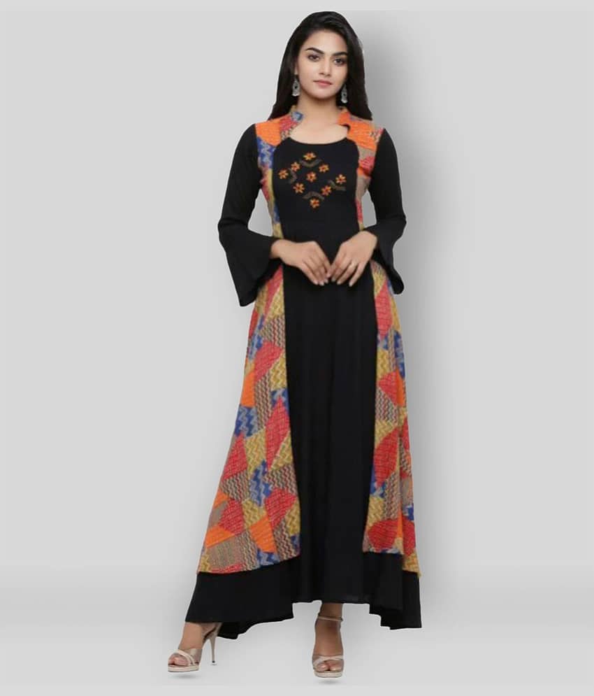 Yash Gallery Pack of 1 Rayon Printed Jacket Style Women's Kurti - ( Black )