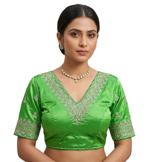 Women's Satin Embroidered Half sleeve V-Neck Padded Readymade Blouse (Light Green, Size 38 - Self-Alterable 36–40)