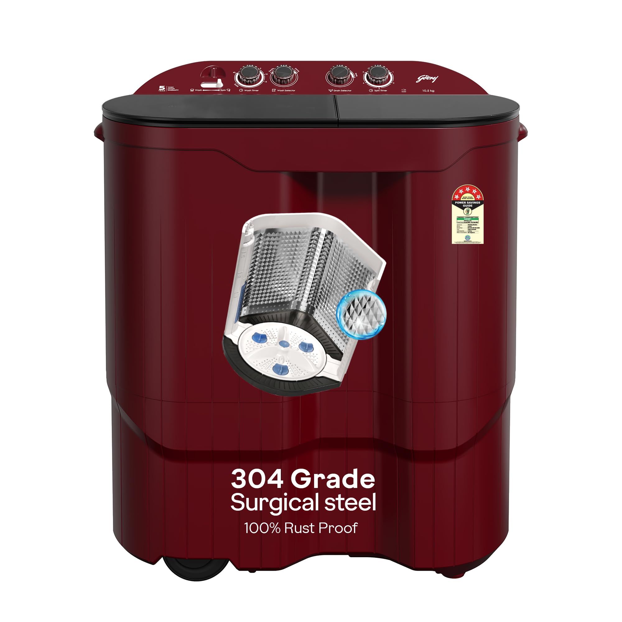 Godrej 10.5 Kg 5 Star Semi-Automatic Top Load Washing Machine With Toughened Glass Lid(WSEDGE JAZZ 105 5.0 DB3 M CSRD, Stainless Steel Drum, Drying at 1440 RPM Speed, Crystal Red) Godrej 10.5 Kg 5 Star Semi-Automatic Top Load Washing Machine With Toughen